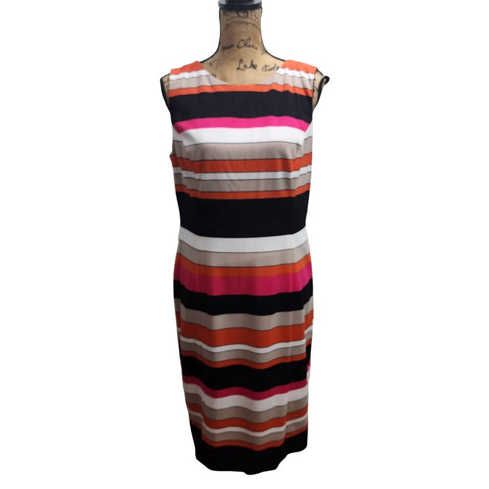 Kasper Sheath Dress Size 12 Black Pink Orange‎ Stripe Sleeveless Career